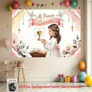 My first communion party background banner, Party Decorations Banners, white rose and pigeon prayer background, made of polyester, suitable for first communion parties, weddings, baptisms, indoor/outdoor home decoration, birthday party decoration
