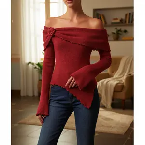 Womens Knit Tops Fall Long Sleeve Off Shoulder Flower Decor Lettuce Edge PulloverFit Sweater