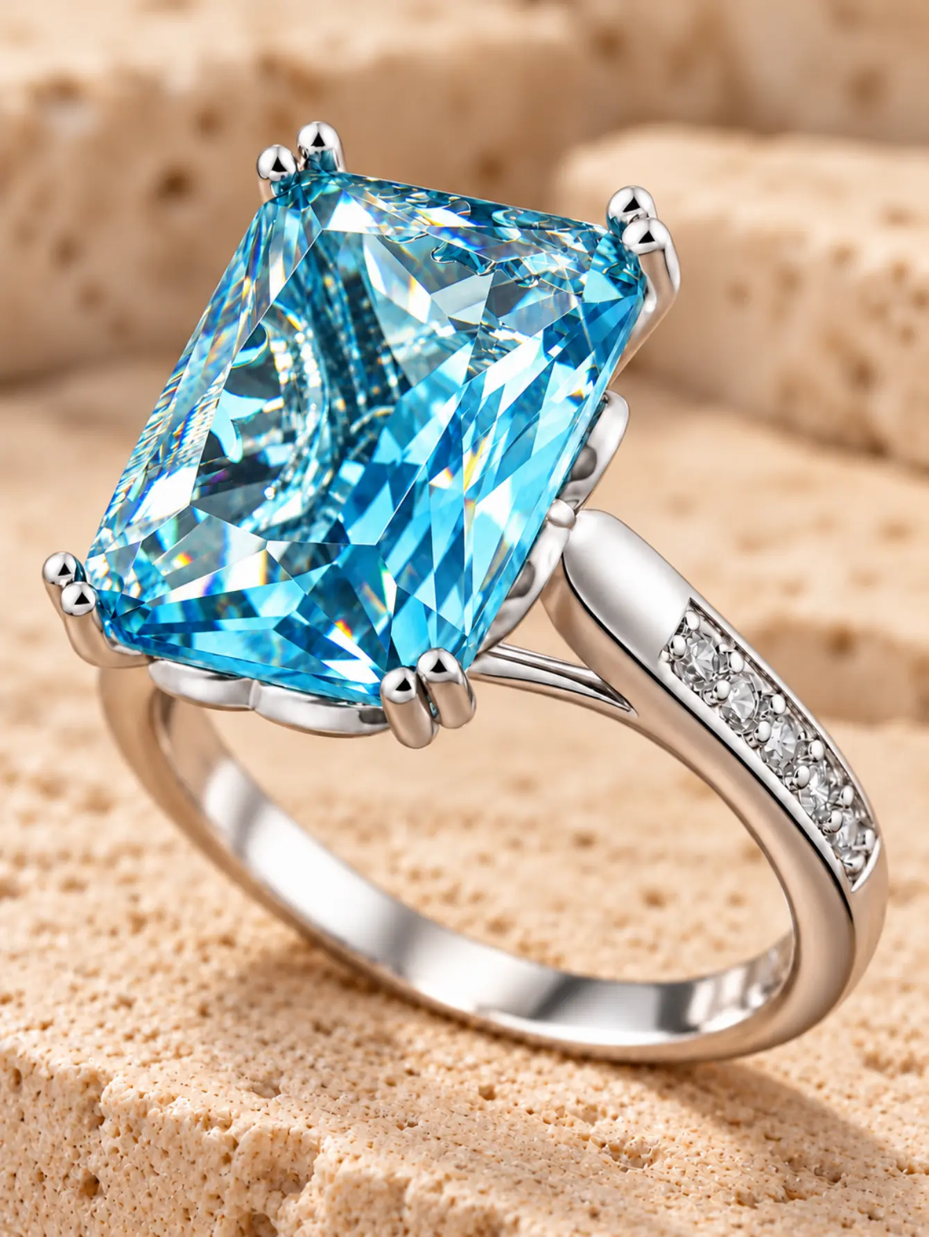 Vintage Fashion Silver Modern Statement Beautiful Rings for Women, Large Rectangular Emerald-Cut Aqua Blue Center Stone with Double Prongs, One-Shoulder Pavé Row of Clear Stones, Hostess Gift Daily Wear Gift Jewelry Ring for Her, Accessories for Women
