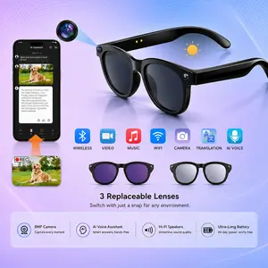 Smart AI Camera Glasses +3 Interchangeable Lenses (including 8 MP Photochromic Lenses); Button and Touch Controls; Real-time Translation in Over 160 Languages; Wireless Bluetooth Connectivity; Portable Video Recording; UV Protection.