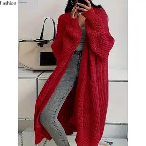Solid Color Open Front Knitted Cardigan - Casual Long Sleeve Long Length - For Women - for Spring & Fall - Cozy & Stylish - Gift Idea for Fashionable Women Can be used with a raincoat