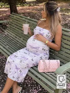 LAFERLIN Maternity Casual Floral & Butterfly Print Sleeveless Dress Summer Outfits Lavender Butterfly Dress Pregnancy Dress For Photoshoot Vacation Outfits Floral Dress
