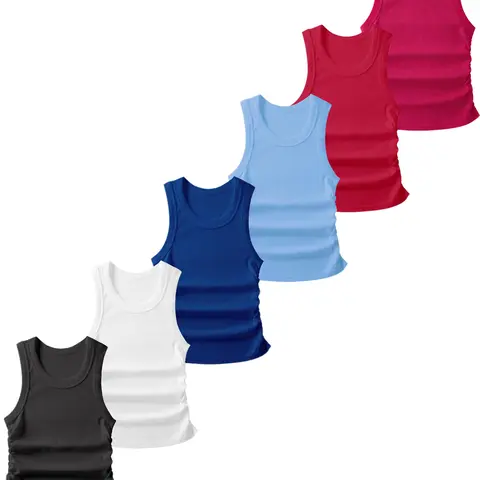 Women's Fitted Crew Neck Solid Color Ribbed Sleeveless Basic Tank Top - Breathable, Comfortable Ruched Activewear for Yoga, Gym, Cool All-Day Everyday Style, Multiple Colors