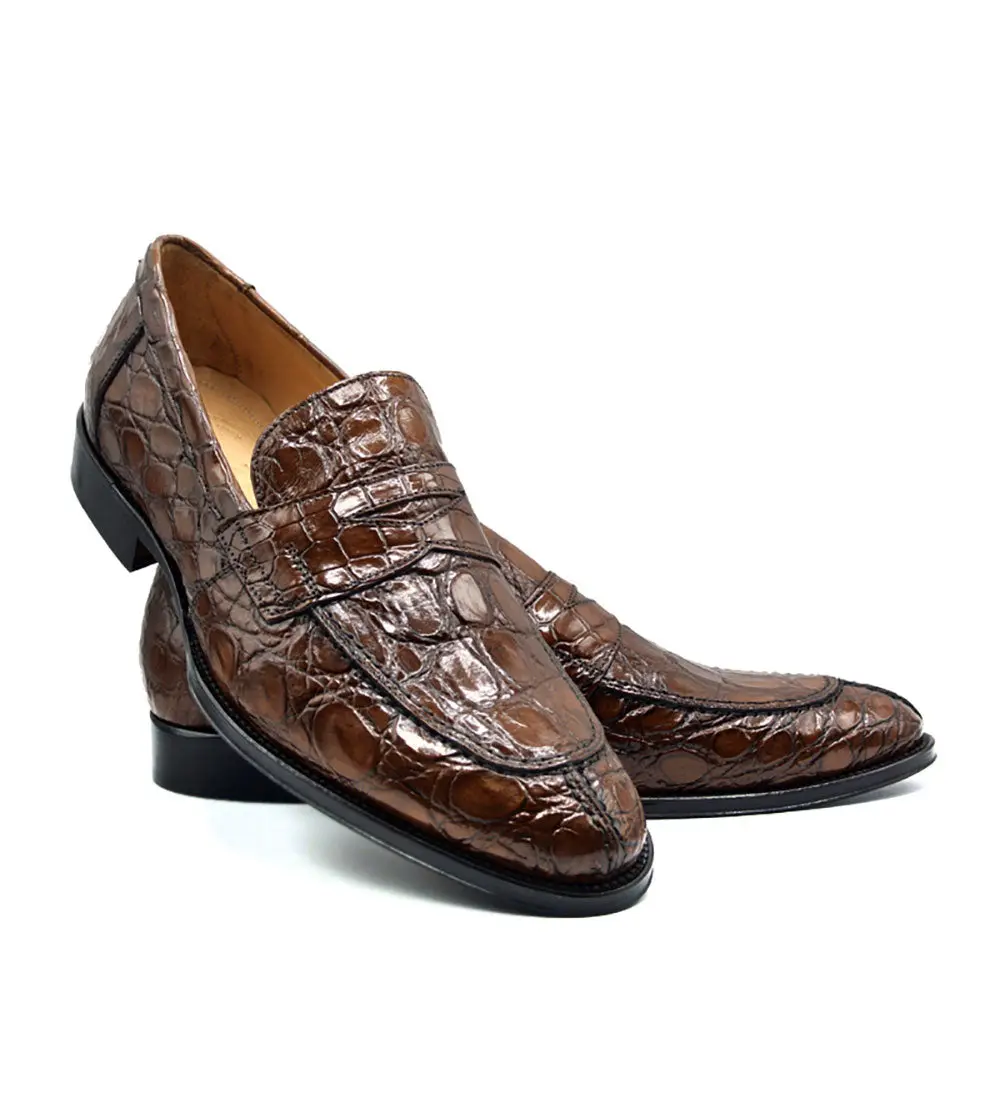 Men's Classic Old Money Flat Loafers - Genuine Caiman Crocodile Animal Print Slip-Ons, Blake Stitch, Nappa Calf, Hand Burnished Finish, Flexible, Modern Lightweight Casual Handmade in Italy 2-Toned Sole Shoes