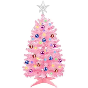 3FT Pink Christmas Tree Tinsel with 50 Warm White & Multi Color Fariy Light 3D Star 15 Ball Ornament, 12 Light Modes Timer Battery Operated Small Artificial Full Xmas Tree Table Indoor Holiday Decor