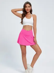 High-Waisted Flared Sports Skort with Pocket - Stretchy Polyester Fabric, Solid Color, No Printing, Perfect for Tennis, Golf, Yoga, and Running - Spring/Summer/Fall Season, Knit Fabric, No Sheer