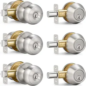 3 Sets Entry Door Knob and Single Cylinder Deadbolt Combo Set, Keyed Alike Round Ball Satin Nickel Exterior Door Knobs with Lock and Keys for Entrance Front Door