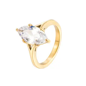 Elegant Golden Marquise Cut Solitaire Ring for Women, Sparkly CZ Promise Ring, Minimalist Engagement Wedding Anniversary Jewelry Gift for Her Daily Wear