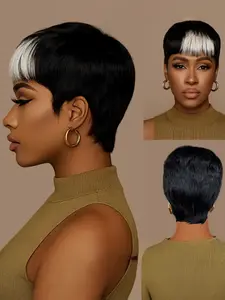 6 Inch Human Hair Short Pixie Cut Wig, Blonde Layered Straight Hair, Full Machine Made, for Women, Human Hair Wigs, No Ca Prop 65 Re