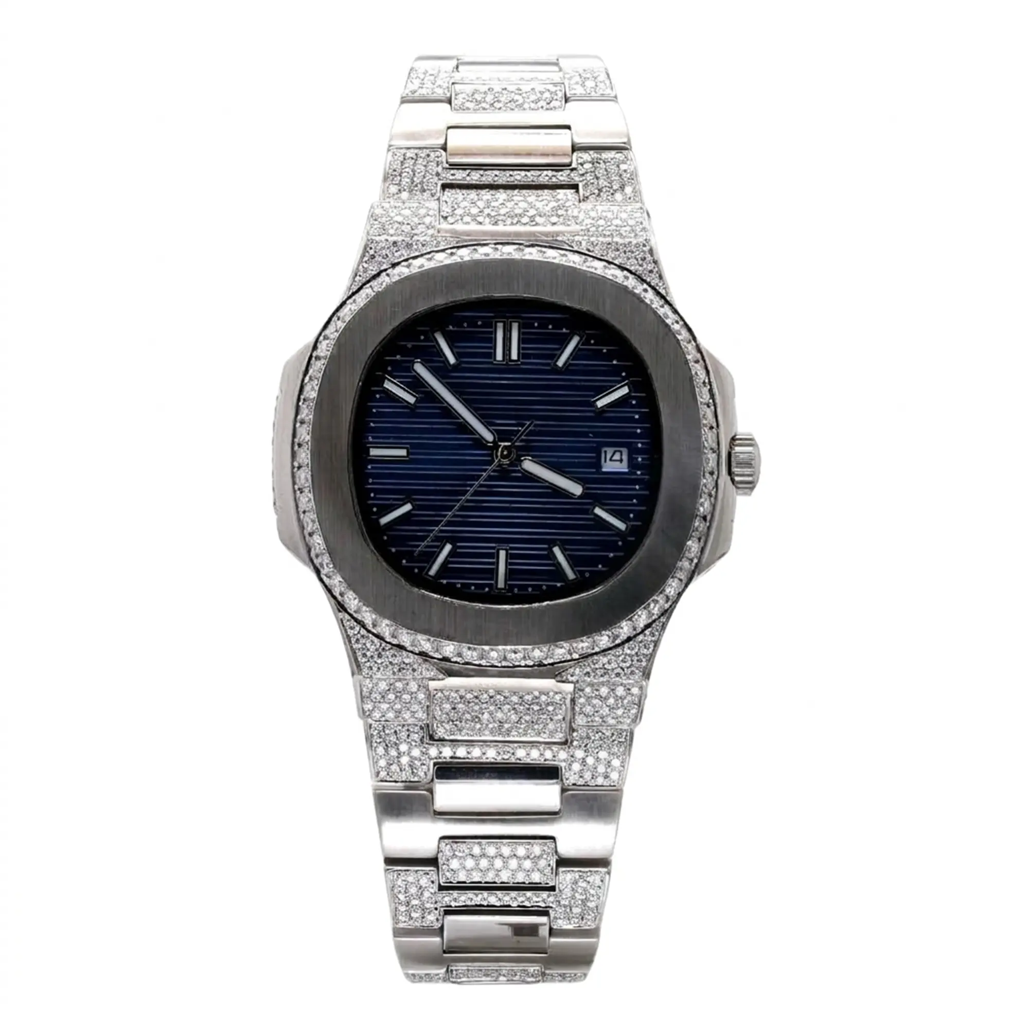 Kureight Jewel Men's Luxury Automatic Mechanical Watch - 31mm Blue Cushion Dial, Diamond-Look Iced-Out Stainless Steel Bracelet, Fully Pave Bezel, Sapphire Crystal Fashion Wrist Watch