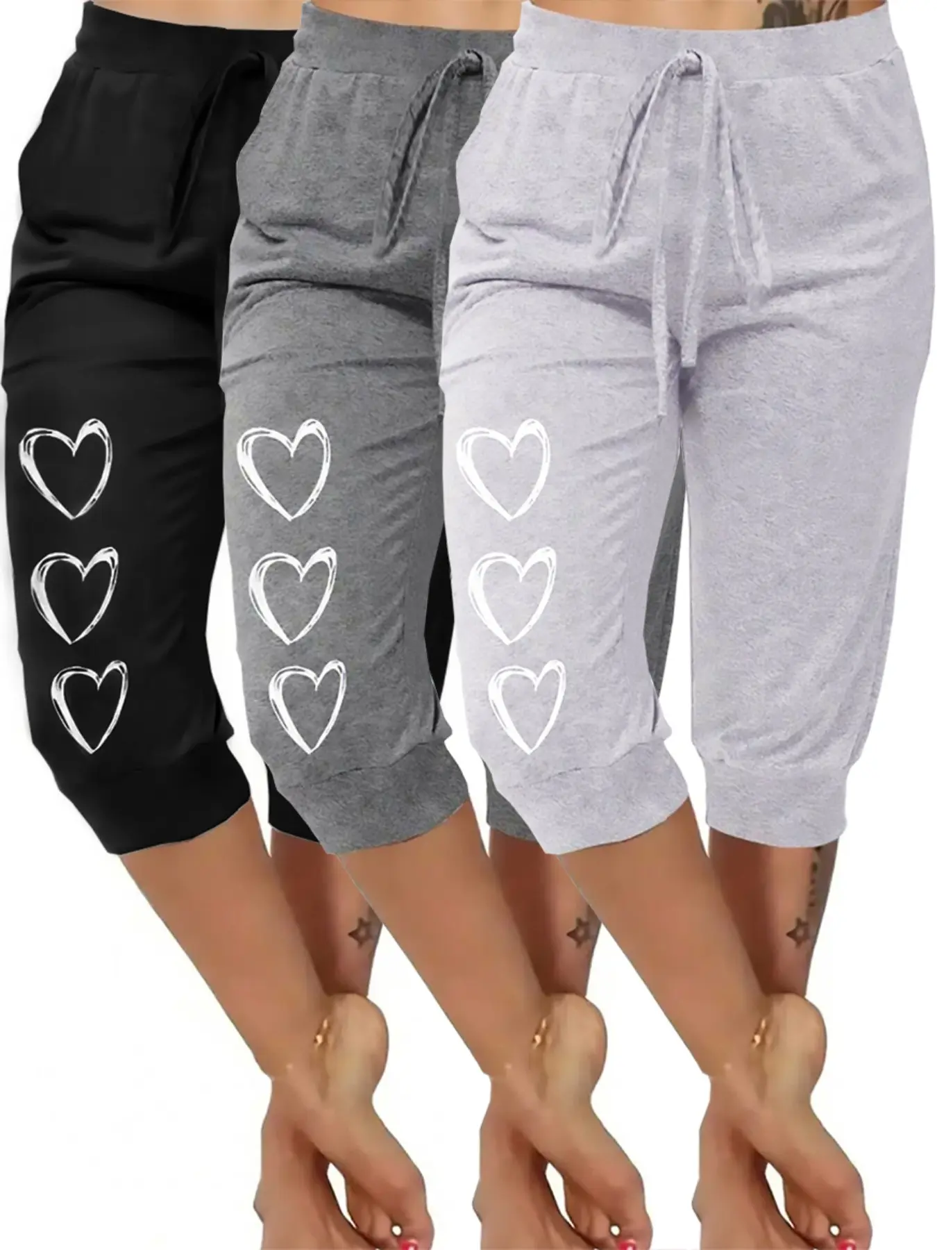 Women's 3 Pieces Plus-Size Heart-Print Sleep Pants, Three-Quarter Cuffed Pants, Casual Comfortable Loungewear, Simple Home Nightwear