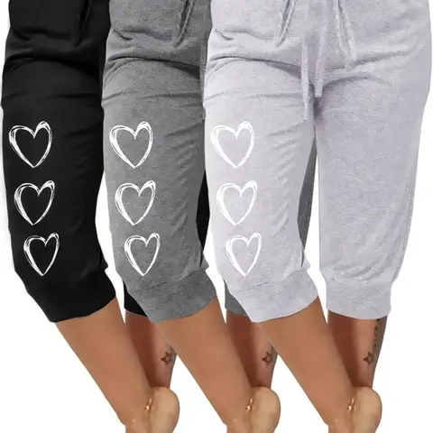 Women's 3 Pieces Plus-Size Heart-Print Sleep Pants, Three-Quarter Cuffed Pants, Casual Comfortable Loungewear, Simple Home Nightwear, Casual Style Loungewear