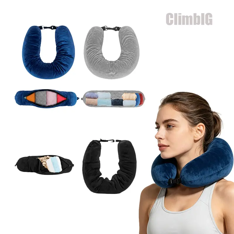 U-Shaped Travel Neck Pillow with Clothing Storage, Packable Airplane Pillow, Space-Saving Carry-On Travel Essential for Flights, Road Trips & Vacation, Portable Neck Support Pillow,Outdoor