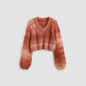 Cider [size 2-10] Knit V-neck Hollow Out Long Sleeve Crop Top