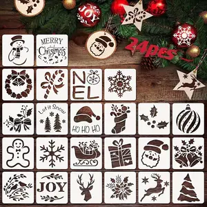 Creative Christmas Theme Cartoon Pattern Stencil (24pcs/set), DIY Decorative Stencil for Painting on Wood Slice, Art Supplies for Home Decor
