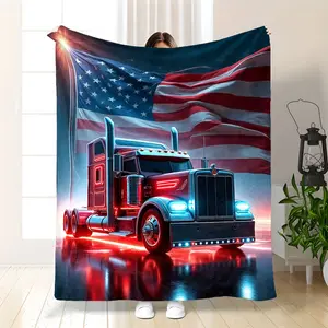 American Truck & Flag Design Bedspread Invertible Four Seasons Soft Warm Flannel Blanket Machine Washable Suitable for Beds Sofas Camping Travel Modern Theme Multiple Sizes Truck Semi
