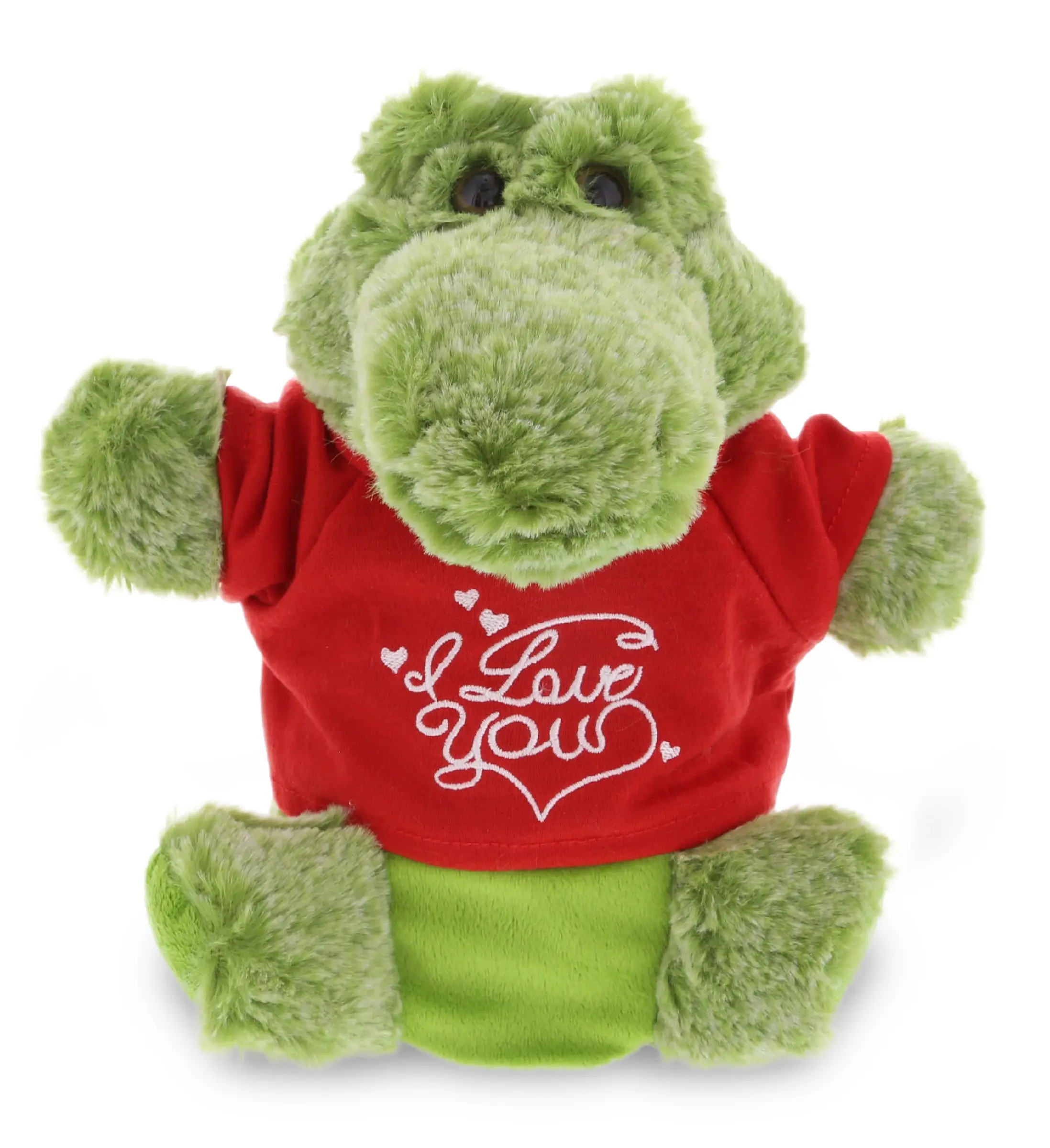 DOLLIBU Alligator Polyester Plush Hand Puppet - Soft Fabric, Embroidered "I Love You" Message, Red Shirt, Realistic Snout, Unisex Animals & Nature Theme Toy, Romantic Birthday Gift, Bedroom Accessory