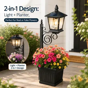 Outdoor Flower Pots 2 in 1, Solar Post Lamps IP65 Waterproof, Solar Lamp Post Lights, Wall Mount or Freestanding, Outdoor Decorative Lamp for Garden, Patio, Front Porch, Back Door, Warm White, 2PCS