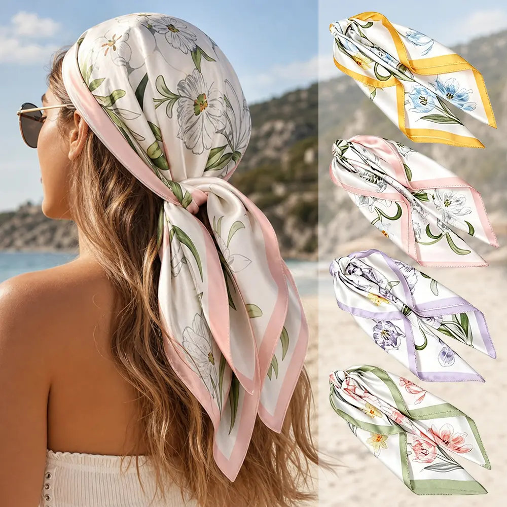 4 Pack 27.5'' Square Satin Bandanas for Women, Head Scarves Neck Hair Wrap Large Handkerchief Headwear Headband
