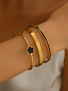 Elegant Clover Stainless Steel Bracelet Set, Mirror Finish, Waterproof, Perfect Gift for Women, All Seasons Wear, Stackable Bracelets