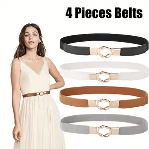 4 Pieces Metal Buckle Skinny Waist Belt, Dress Vintage Stretch Cinch Belt, Stretchy Thin Belt for Jeans Dress