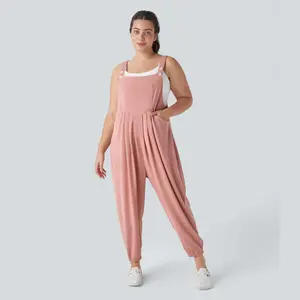 Halara Adjustable Strap Button Multiple Pockets Waffle Casual Plus Size Jogger Overalls