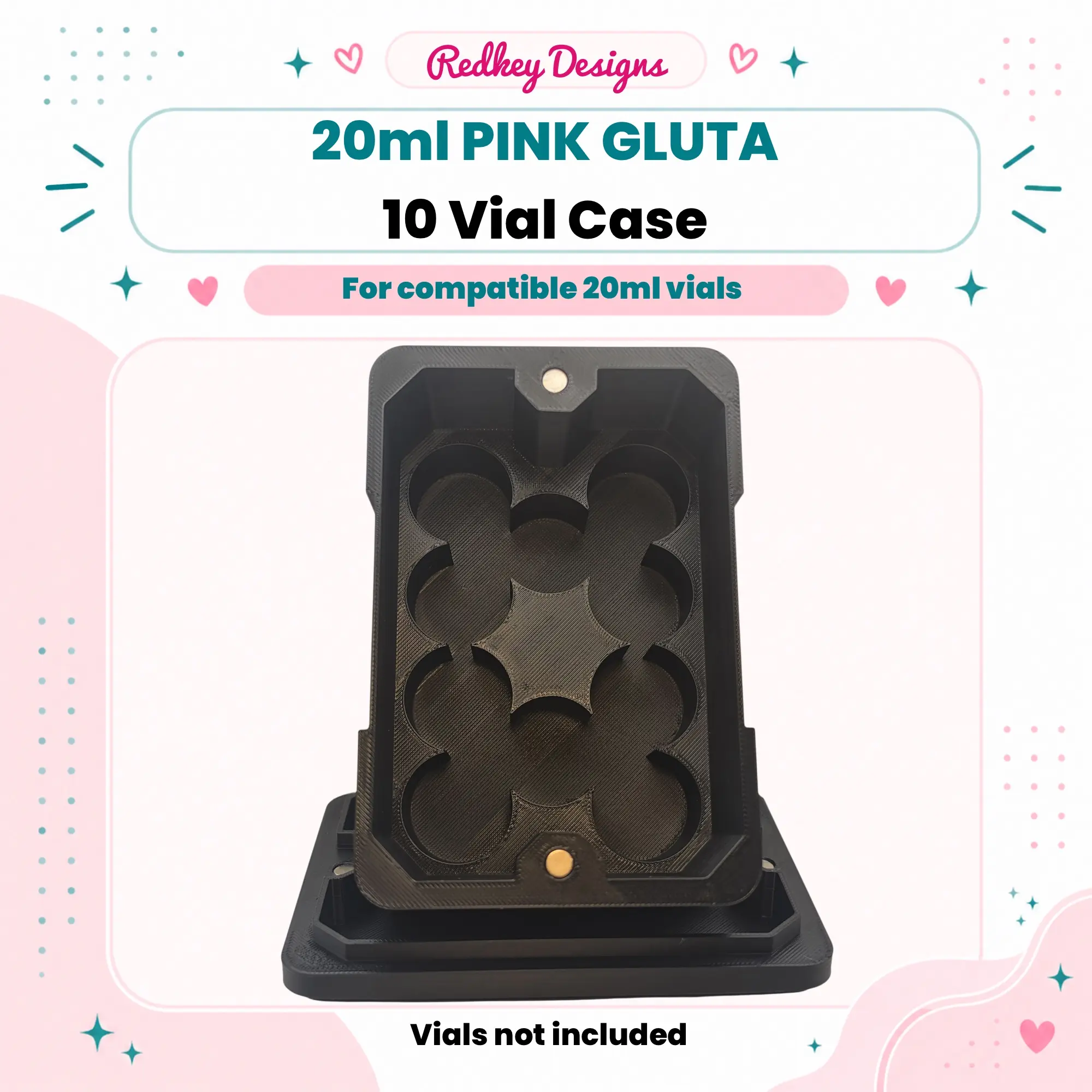 10 Vial Pink Gluta Storage Case with Magnetic Lid, 3D Printed Vial Organizer for Compatible 26mm x 70mm Vials