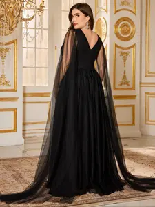 Elegant Heart Neckline Fitted Evening Gown, Long Draped Sleeves, Transparent Waist Design, Large Skirt Hem, Mesh Fabric Formal Dress