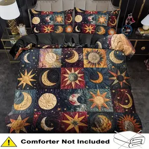 3pcs Patchwork Grid Moon Pattern Print Quilt Set, Soft Polyester Fabric, Zipper Design, Modern Style Bedding Essentials