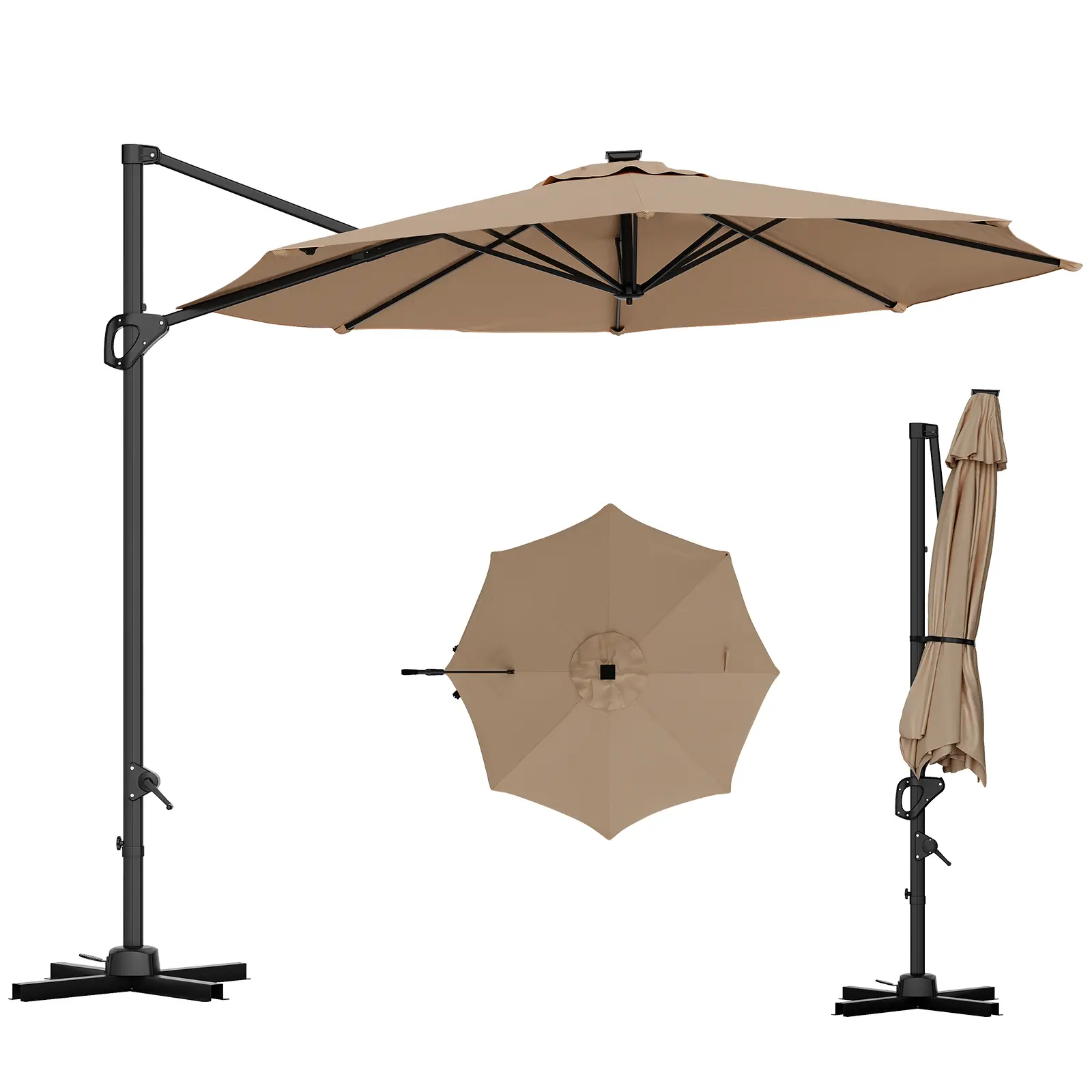 10FT 360° Rotating Cantilever Patio Umbrella, Waterproof Windproof Hanging Sun Shade, Heavy Duty 600D Oxford Fabric, Rust-Proof Aluminum Frame, Adjustable Tilt & Cross Base for Garden Pool Deck