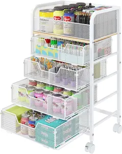 5-Tier Craft Organizer Cart with Wheels,Storage Cart with Drawers,Lockable Wheels Rolling Utility Cart,Makeup Cart with DIY Divider,Office Supply Organizer Cart,Ideal for Studio,Office,Bedroom,White