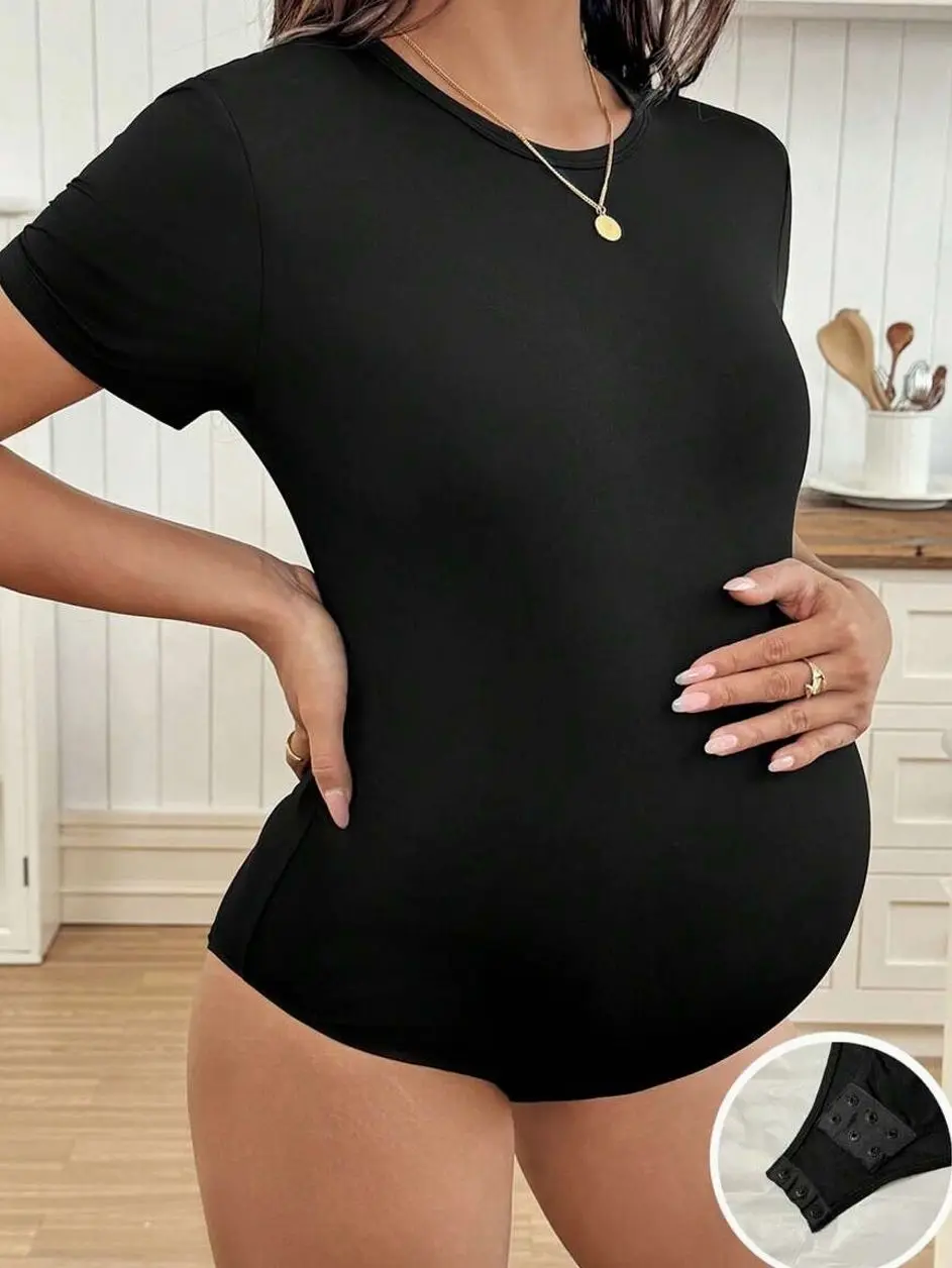 Maternity Slim Fit Jumpsuit, Short Sleeve Solid Color Romper for Comfortable Pregnancy Outfits