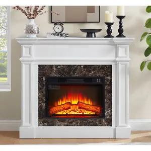 Electric Fireplace with Mantel, Fireplace Mantel, Fireplace Heater Freestanding, Realistic Stacked Stone Surround with Remote Control Timer LED Flame, White, 45.66"W*11.8"D*40"H