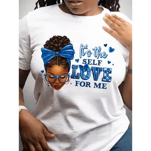 Women S Casual Short Sleeve T Shirt Featuring Inspirational Self Love Quote and Portrait Print in White with Blue Lettering with Round Neck Semi Sheer Fabric Suitable for All Seasons and Easy to Maintain