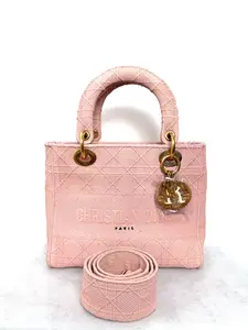Pre-owned Dior Christian Lady Bag Pink Fabric Medium 2WAY Handbag with Shoulder Strap 19cm x 24cm x 9cm