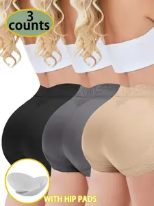 3 Counts Women's Plain Contrast Lace High Waist Detachable Padded Butt Shapewear Panty, High Stretch Elastic Firm Tummy Control Butt Fit Lifting Shaper Pants, Women's Shapewear Bottoms for Everyday Daily Wear, Womenswear, Suitable For Daily Wear