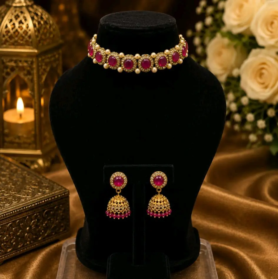 Classic Collar Choker and Jhumka Set, Featuring Pearl Detailing