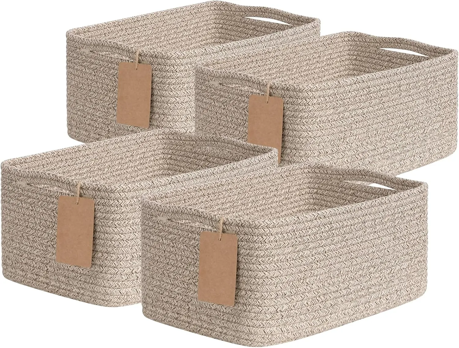 4 Pack Woven Rope Baskets for Shelves, Brown| 13" x 8" x 6", Rectangle, Reinforced Handles, Shelf & Closet Organization, Baby Toys, Books, Gifts & Nursery