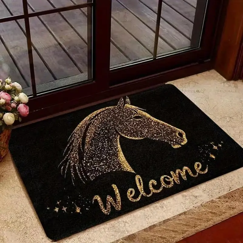 Glitter Golden Horse Welcome Flannel Doormat 3 Sizes 16×24in/20×31in/24×36in, Non Slip Absorbent Indoor Entry Rug, Western Farmhouse Horse Decor Front Door Floor Mat