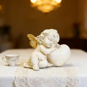 3D Vintage Resin Angel Sculpture, Slumbering Cupid Cradling Heart Figure, Romantic Wedding Table Decoration, Bridal Shower Ornament, Gift for Couples on Anniversary & Valentine'S Day, Home Decor Accent