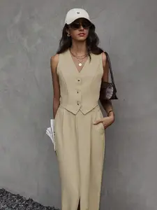 Women's Casual Two-Piece Set, Button-Front Colorblock Sleeveless Cardigan & High-Waisted Long Skirt, Breathable Summer, Perfect for Picnics, Womenswear