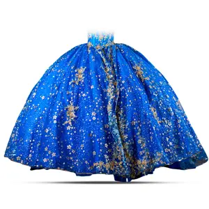 Gold Royal – Royal Blue and Gold Off-Shoulder Quinceañera Ball Gown with Embroidered Details