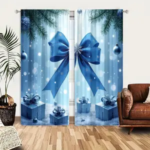 2pcs Window Curtains, A blue Christmas bow with a snowflake center, set against a snowy background with twinkling lights, ornaments, and gifts.Window Drapes for Bedroom Living Room, Rod Pocket Window Treatment