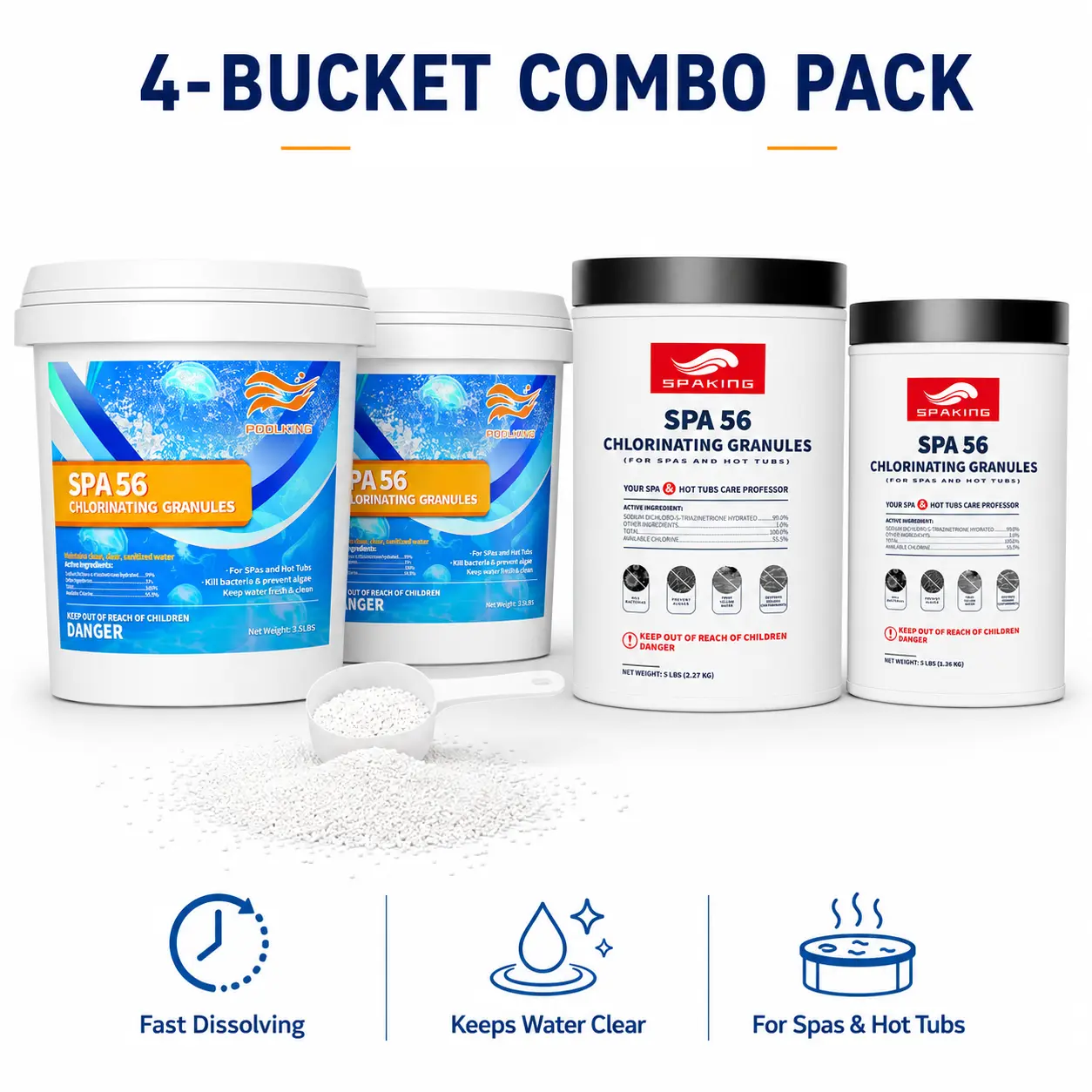 Quick Dissolve Hot Tub Water Clarifier Combo Set - 4 Multi-Size Tubs Totaling 15 lbs Spa Water Maintenance Granules for Inflatable Spas & Jetted Tubs