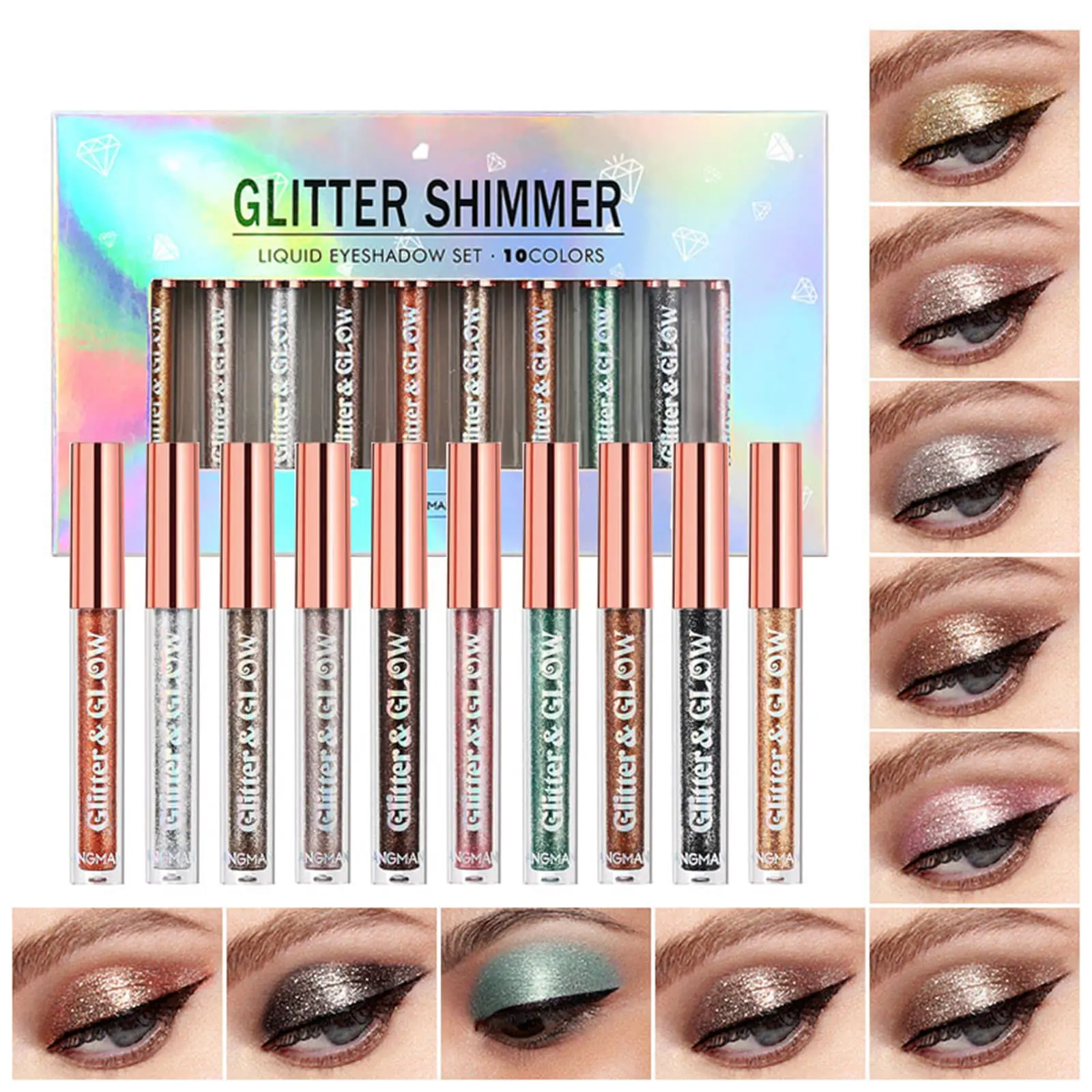 cosmetics ani 10 Colors Liquid Glitter Eyeshadow Set, Metallic Glitter Shimmer Naked Smokey Eye Looks Waterproof Long Lasting Quick-Drying Sparkling Eye Shadow Christmas Makeup Kits
