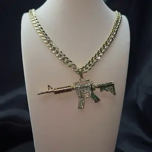 Gold plated Miami Cuban 24’ inch Necklace with Rhinestone AK-47 Pendant for Men Women Fashionable Jewelry Gold Statement Chain