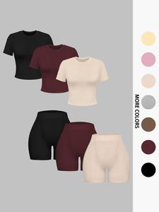 women's solid round neck tee & high waist shorts ribbed set, basic casual short sleeve t-shirt & skinny track shorts, women's summer clothes, outfit sets for women, womenswear