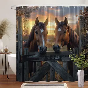 1Pc Rustic Farmhouse Bathroom Shower Curtain Majestic Horses SunScene Polyester Fabric Bath Hanging Curtain 70.8x70.8 Inch with 12 Hooks for Charming Farmhouse Decor