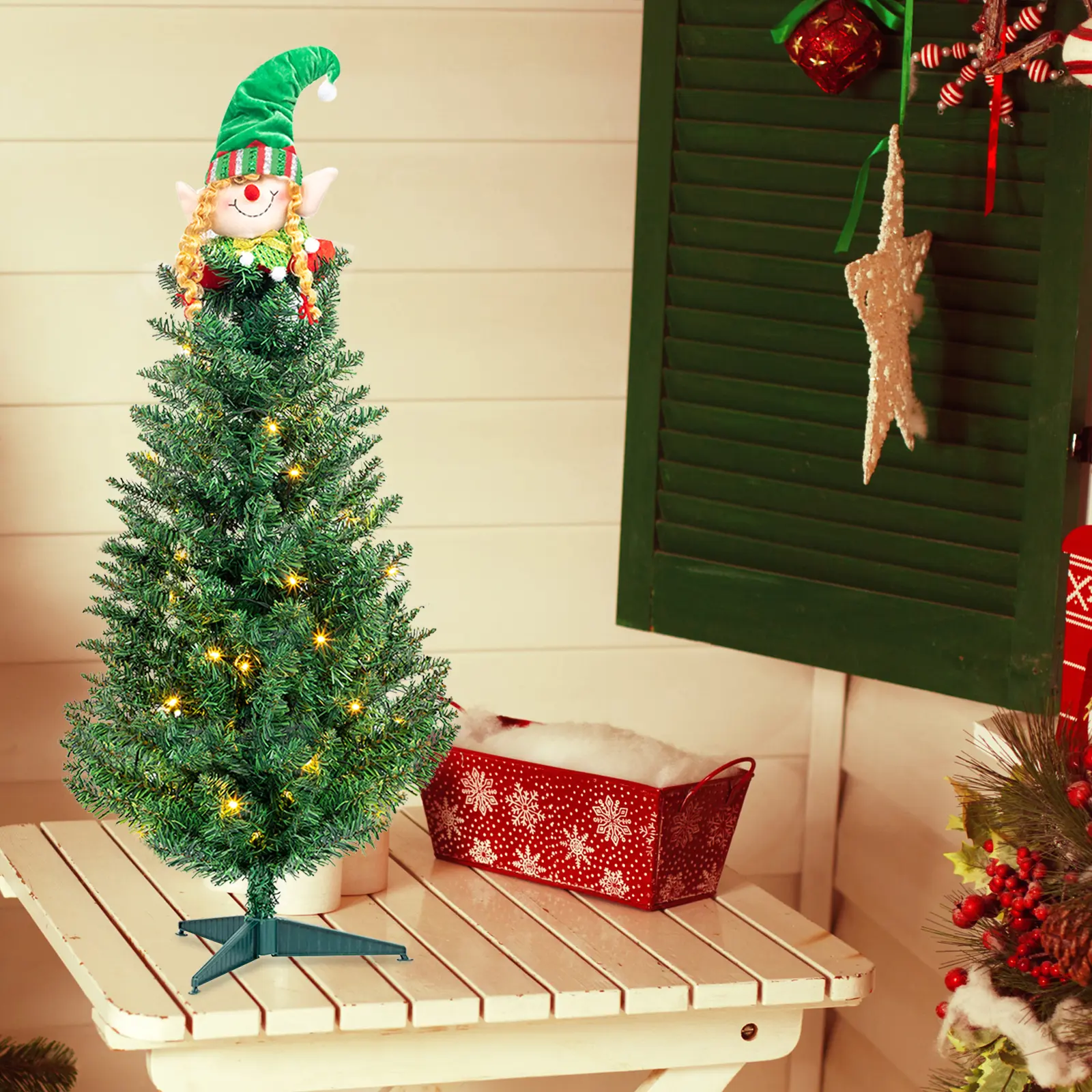 3ft 129 Branches with Santa Claus Decoration PVC Branch Iron Bracket Christmas Tree Green Hinged Branches PVC Tips Warm White Lights