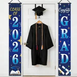 Graduation Party Banner Set, Blue Background with Stars, Graduation Caps, Diplomas, Books Design, Polyester, Indoor Outdoor Decoration